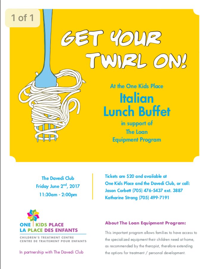 OneKidsPlace's tweet photo. It's today!  Come for a great lunch and help buy specialized equipment to support our kids. #greatfood #greatcause https://t.co/yifcACLGhR