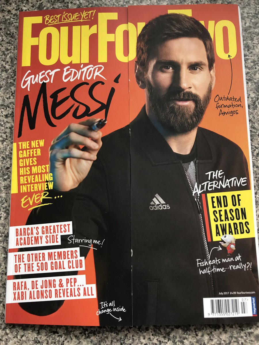 richardwoodger's tweet image. Love the cover of the new @FourFourTwo with guest editor #Messi design! #FourThreeThree
