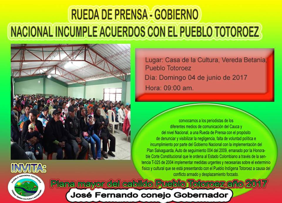 radiolibertad3's tweet photo. rueda de prensa - ante incumplimiento de acuerdos - gobierno nacional con el pueblo totoroez https://t.co/TUgwO8XVPd