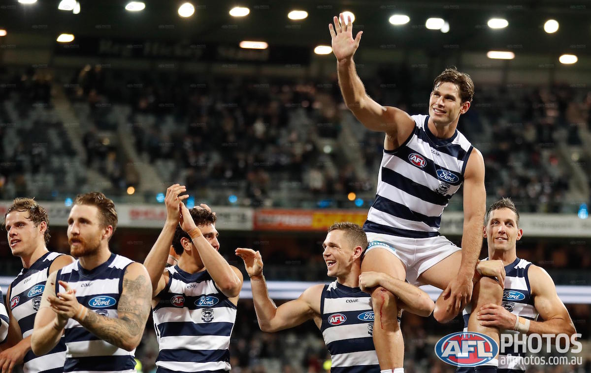AFL's tweet photo. @GeelongCats @Adelaide_FC Talking points: The Cats’ milestone man faces a nervous wait. https://t.co/J5FFsjBjXA https://t.co/LXYGSrWgDe