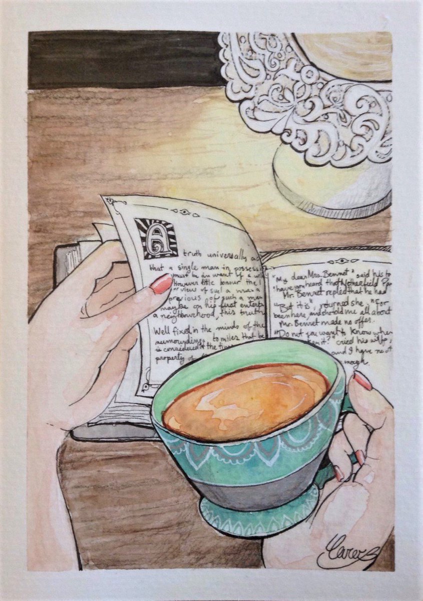 Caroprettyplace's tweet photo. Reading time (I wrote the first page of #PrideandPrejudice 😝) #tea #cupotea #hands #orangepekoe #watercolor #commission https://t.co/yC5pV2me5h