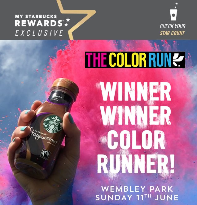Thanks <a href="/StarbucksUK/">Starbucks UK</a> so happy I am 1 of the 15 winners. Can't wait to register and take part. Best get my running shoes ready! #colorrun