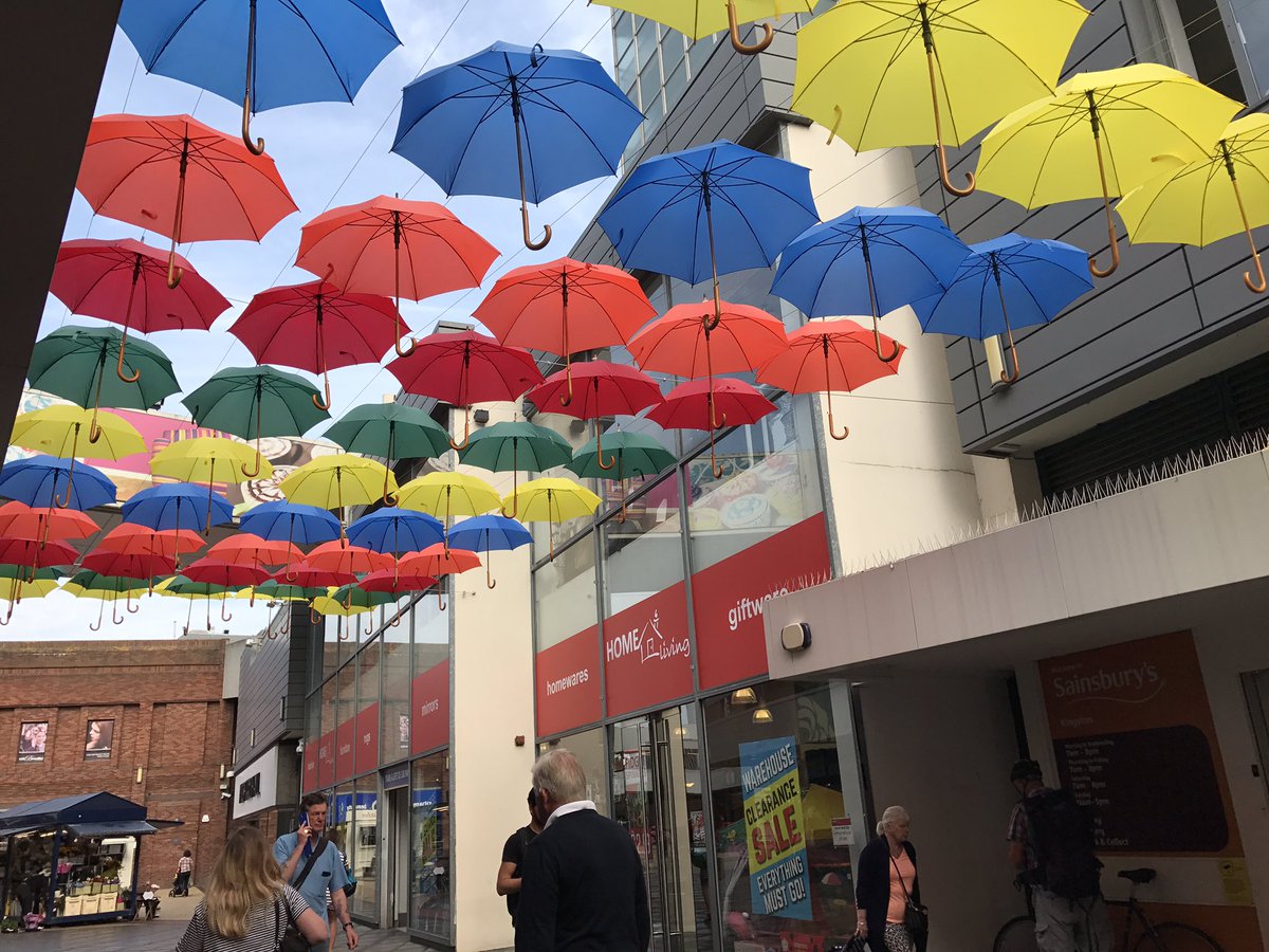 RBKingston's tweet photo. What a glorious feeling walking underneath these bright brollies! Have you seen them yet? @edenwalkshops @visitkingstonuk https://t.co/QtKWB2pDrB