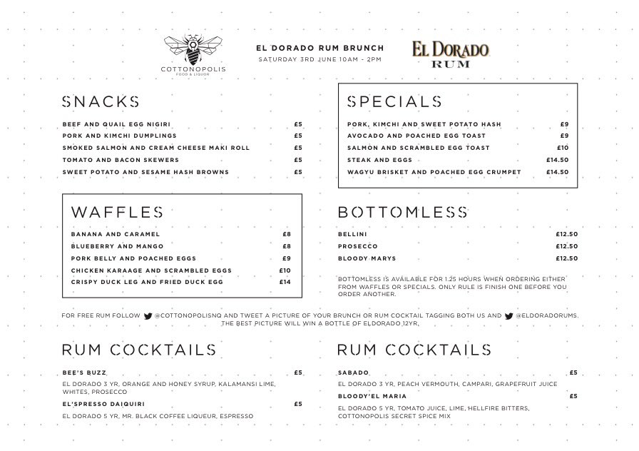 #Manchester, we have teamed up with the awesome team <a href="/cottonopolisNQ/">Cottonopolis F&L</a> for an #ElDorado #Rum #Brunch tomorrow. It's 1 tasty menu <a href="/Love_Drinks/">Love Drinks</a>