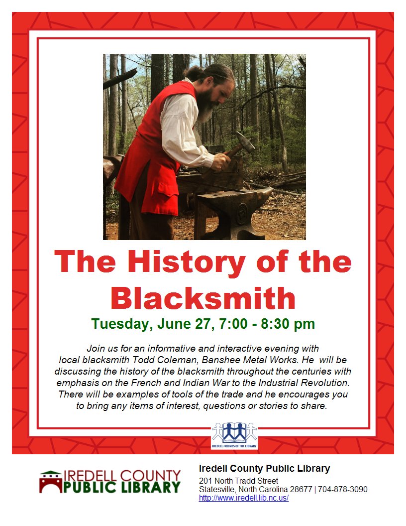 IredellLibrary's tweet photo. Statesville Library
June 27th at 7:00 pm
The History of the Blacksmith #iredellcountylibrary https://t.co/zMcQEjLb7p https://t.co/jwP0LIaXIk