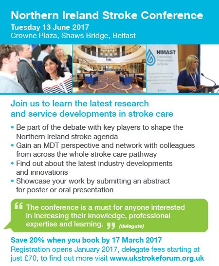 UKStrokeForum's tweet photo. Don't miss the opportunity to join your #stroke peers at the Northern Ireland Stroke Conf! REG CLOSES MONDAY #NISC17 https://t.co/UGtdVR7Gh6 https://t.co/mtbOhwF1IU