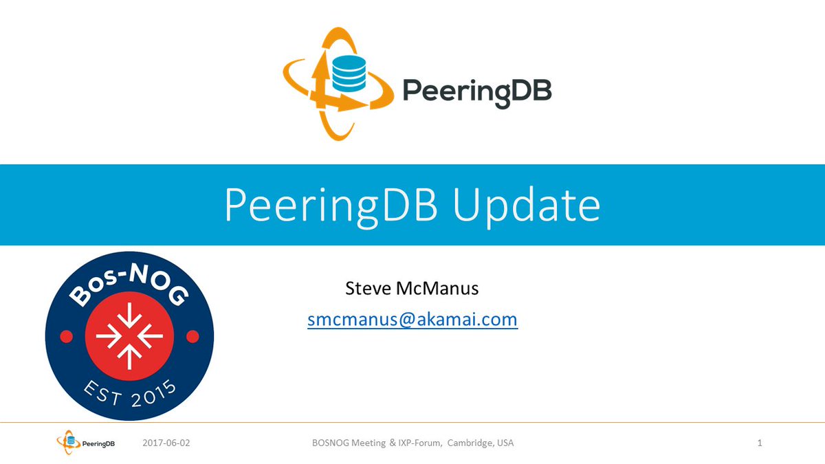 PeeringDB's tweet photo. Stephen McManus is giving a PeeringDB 101 talk at the @BostonNOG Meeting &amp; IX Peering Forum today! #bosnog https://t.co/CiY9uaUV2P https://t.co/uBS7thFWOK