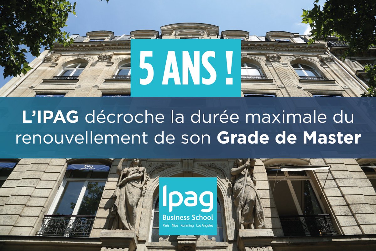 IPAGBS's tweet photo. #BREAKINGNEWS
5 ANS ! 
L’IPAG décroche la durée maximale du renouvellement de son #GradeDeMaster pour son PGE !

https://t.co/An7ewAJYki https://t.co/GfUWOByxum