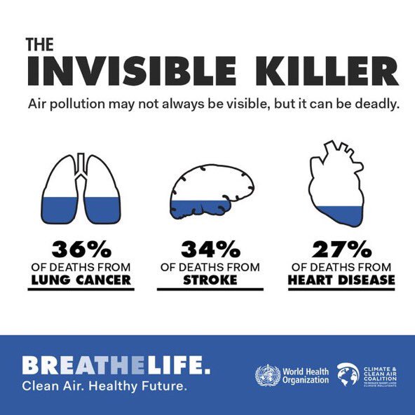 WHO's tweet photo. #AirPollution is an invisible killer and a major cause of #ClimateChange.
It can be deadly.
#BreatheLife https://t.co/9F3dk2ENyn
