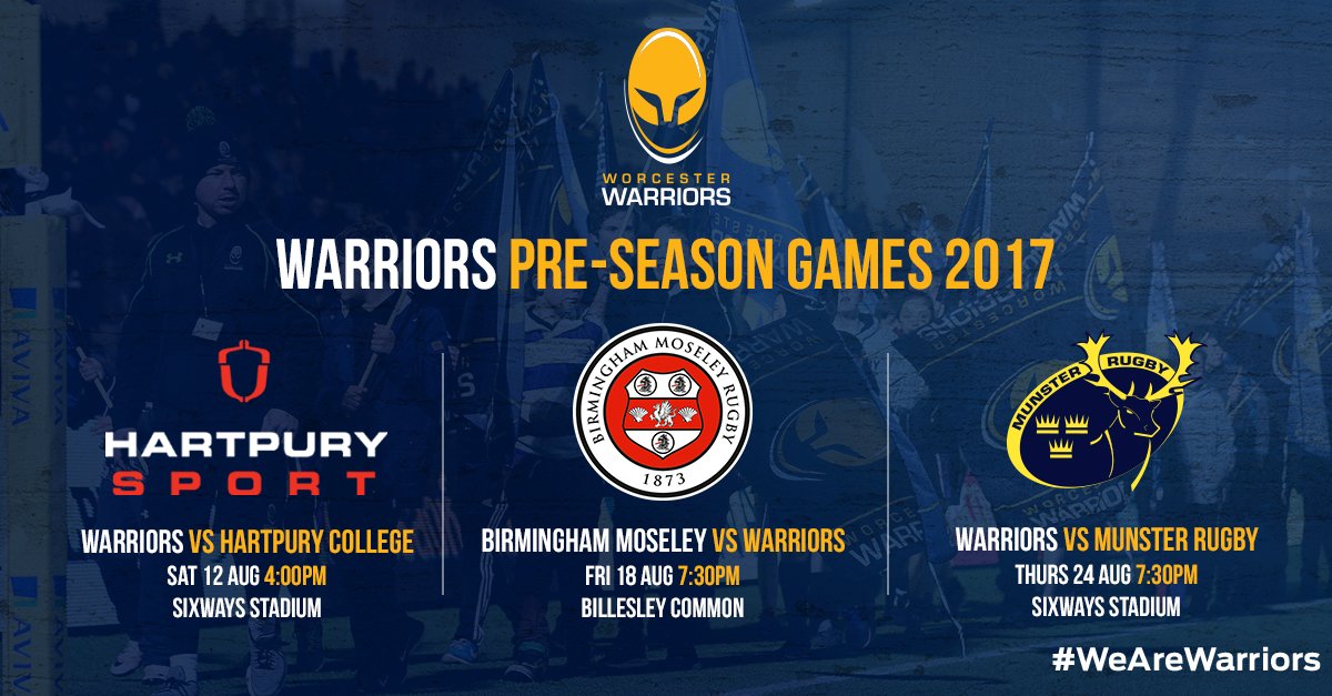 WorcsWarriors's tweet photo. 🏉 Warriors will face @Munsterrugby, @HartpuryRFC and @MoseleyRugbyFC in August as we prepare for the new season.

👉https://t.co/J6bl3ZfCj2 https://t.co/ocxbKf4lUQ