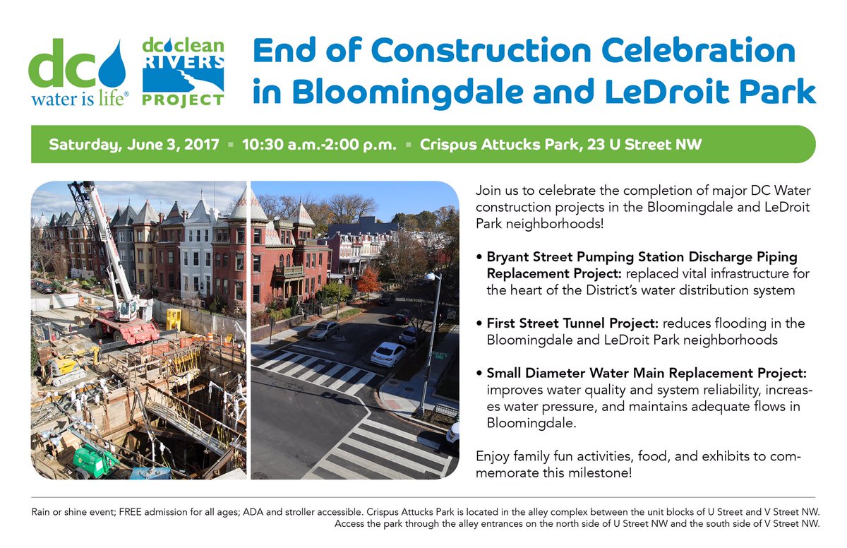 dcwater's tweet photo. 🎉We look forward to celebrating the end of these projects with you all tomorrow at Cripus Attucks Park from 10:30am - 2:00pm🎉#BloomingdaleDC https://t.co/ugQxiJm7BE