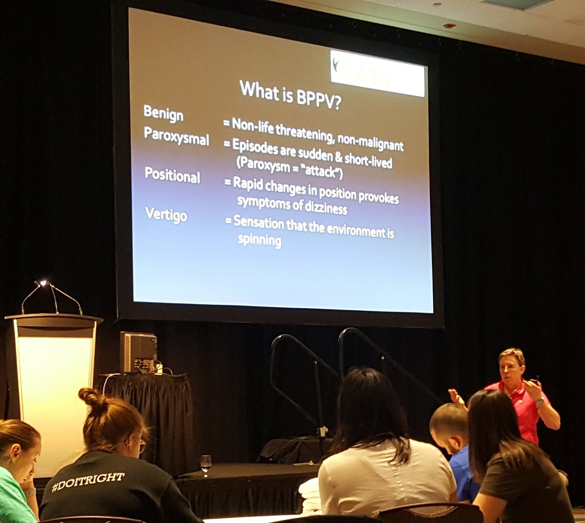 jeresch's tweet photo. Dr. Laura Leslie presenting on benign paroxysmal positional vertigo @ #CATA2017 https://t.co/ELFmccez2Q