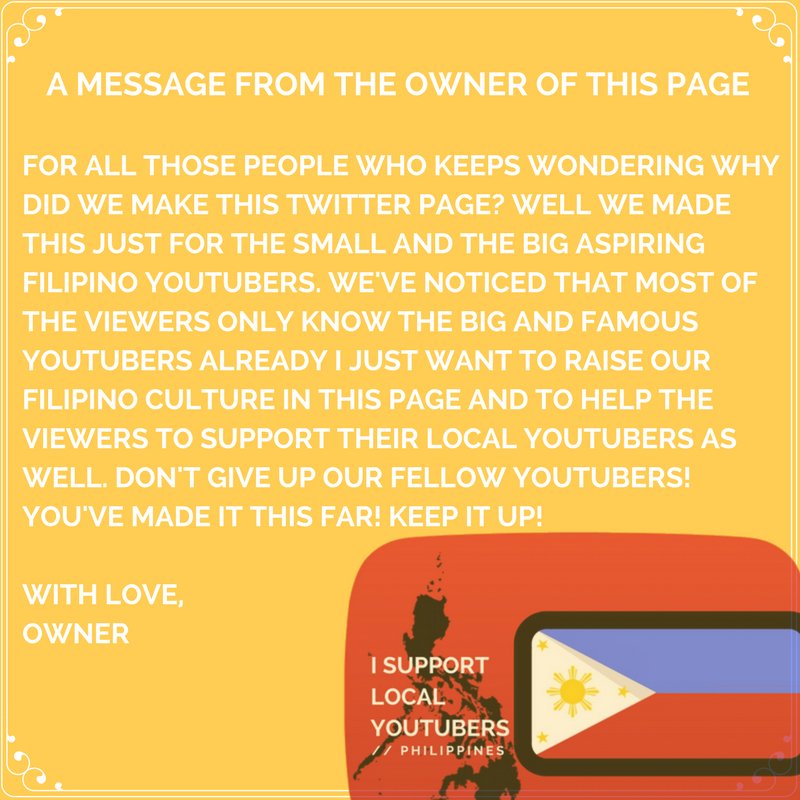 supportytph's tweet photo. KINDLY TAG YOUR FAVORITE FILIPINO YOUTUBERS :D WE WILL KEEP SUPPORTING YOU GUYS! SPREAD THE MESSAGE TOO ! #WeSupportFilipinoYoutubers https://t.co/yskzY7oN7u