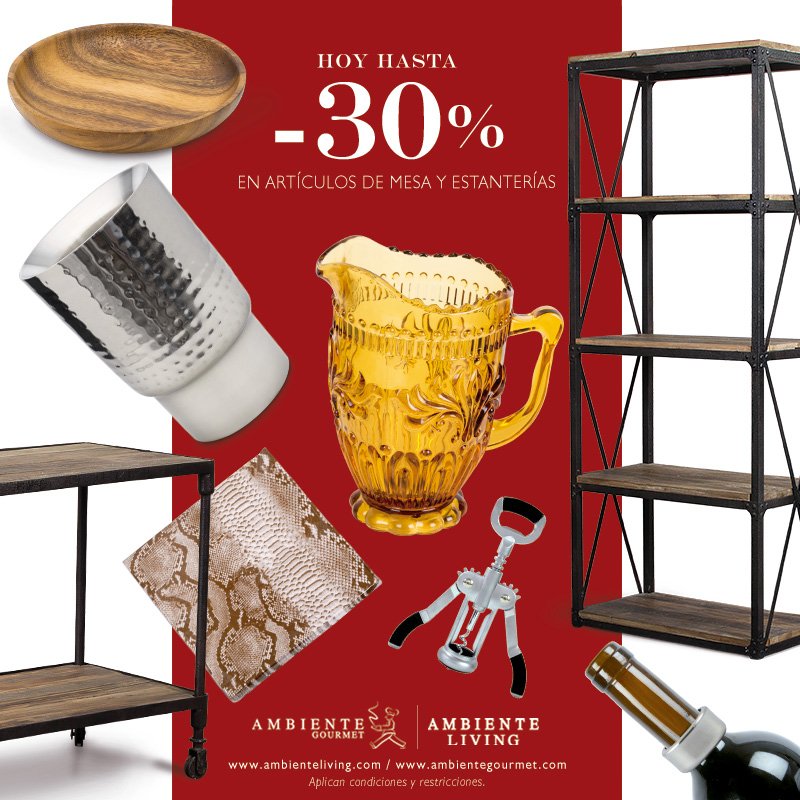 Disfruta hoy hasta el 30% de descuento en artículos de mesa y estanterías. Ingresa en ambientegourmet.com