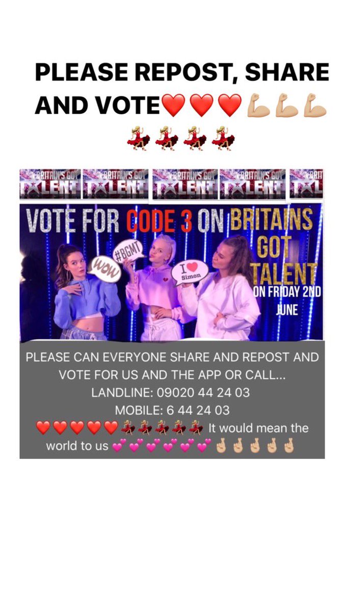 CODE3OFFICIAL_'s tweet photo. CAN EVERYONE PLEASE SHARE AND VOTE ❤️❤️❤️❤️❤️❤️❤️❤️ #code3 #BGMT #bgt2017 #BritainsGotTalent2017 #dancers #code3tothefinal 💪🏼💃🏼💓 https://t.co/zTfD2mhBbk
