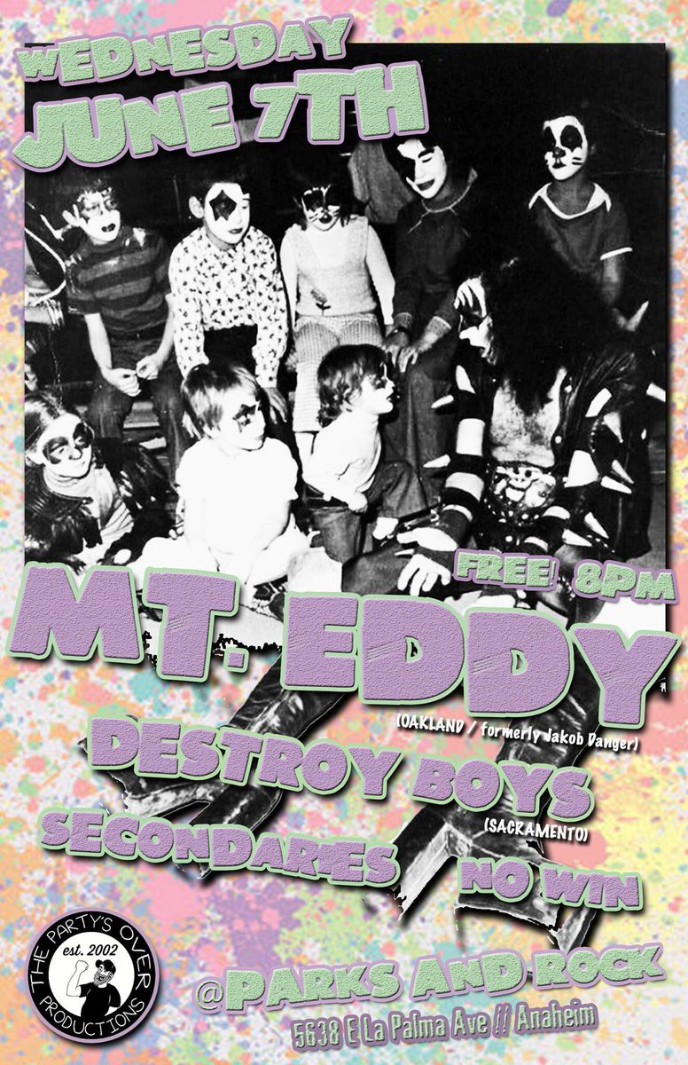 secondariesca's tweet image. We are back at Parks and Rock this Wednesday with Mt. Eddy, Destroy Boys and No win! FREE SHOW - ALL AGES! Doors at 8pm