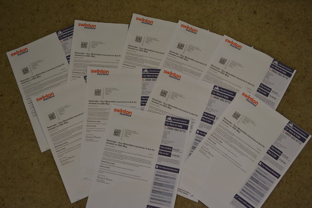 CraigHughes123's tweet photo. Insurance up from £84 to £114 (no claims) went with someone else, I hope @SwintonGroup are not trying to be green? 10 same letter in 2 days https://t.co/KgKg7QtfCh