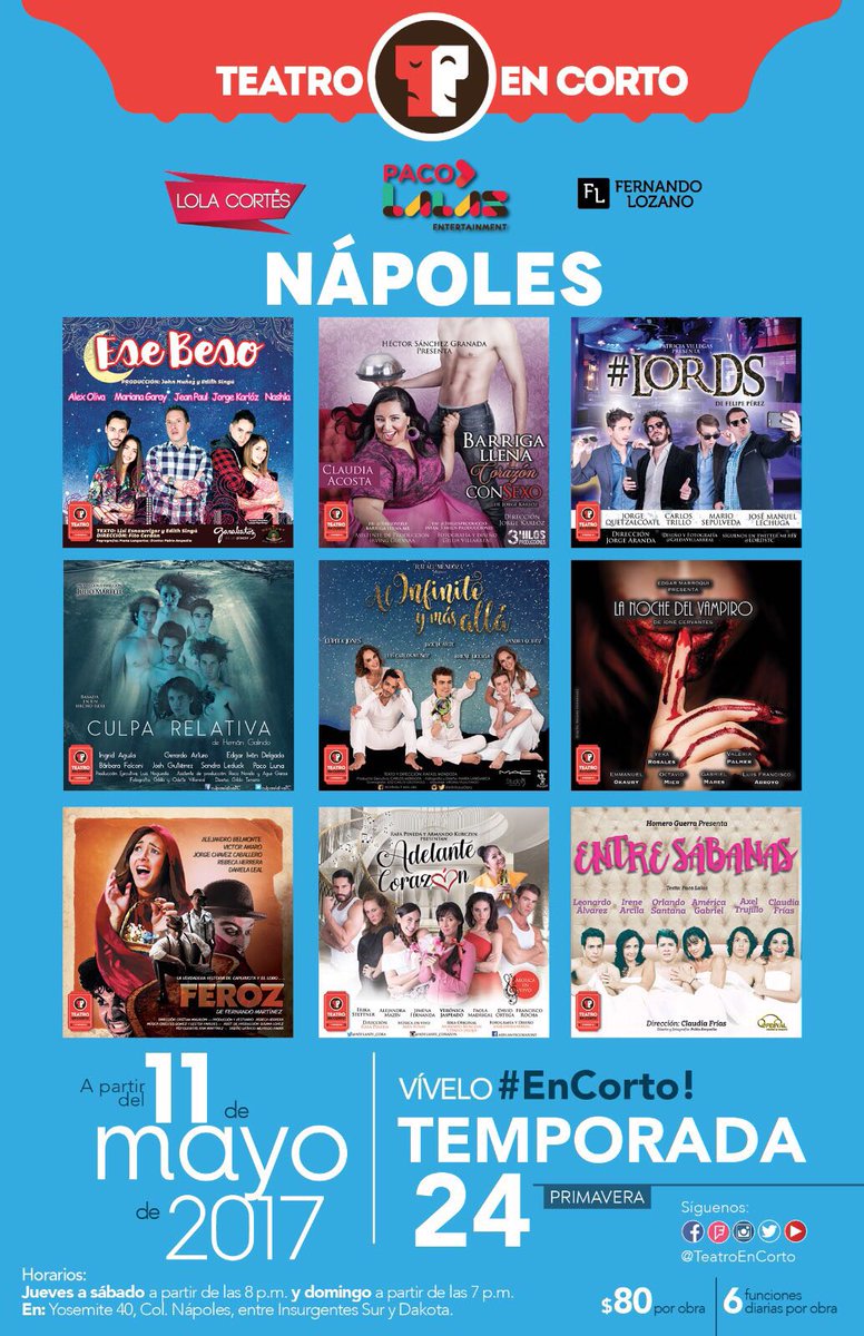 TeatroEnCorto's tweet photo. Tienes estas 9 extraordinarias opciones para venir a #TeatroEnCorto #Napoles y vivir un viernes d #Teatro ¡Te esperamos a partir de las 8pm! https://t.co/zbYDy3dlU2