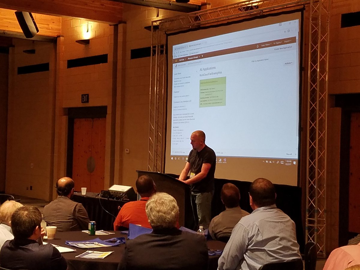 dallastechfest's tweet photo. A tale of two clouds. @_caseywatson talking about running an app across AWS #DTF17 https://t.co/ary1tNnJya