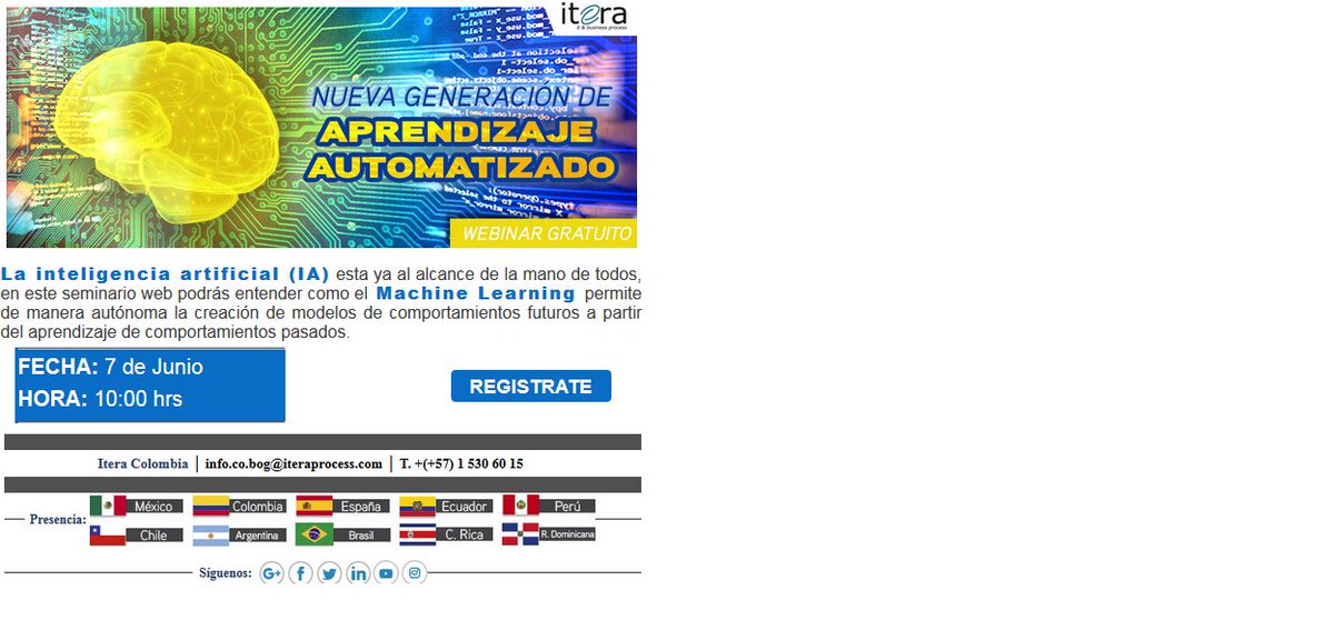 IteraColombia's tweet photo. #Webinar#Gratuito-Aprendizaje#Automatizado
Machine Learning permite de manera autónoma la creación de modelos de comportamientos futuros. https://t.co/7EGq3P0m5k