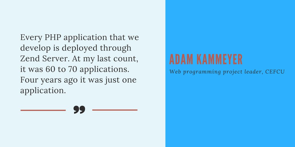 zend's tweet image. Learn how @cefcu makes application development and deployment look easy 

bit.ly/2rxVYoN

#ZendServer #PHP #EnterprisePHP