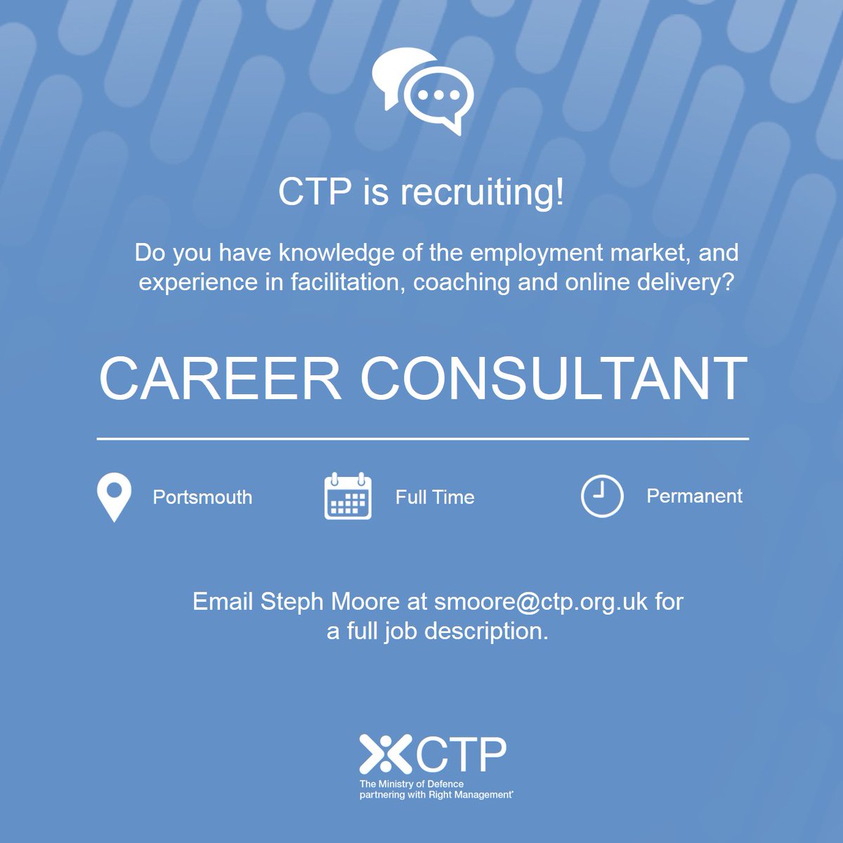 CTPinfo's tweet photo. We are recruiting a Career Consultant in Portsmouth. Apply via CTP RightJob ID N157995 or email smoore@ctp.org.uk https://t.co/XBIYcbOxRm https://t.co/uh0P2VnewN