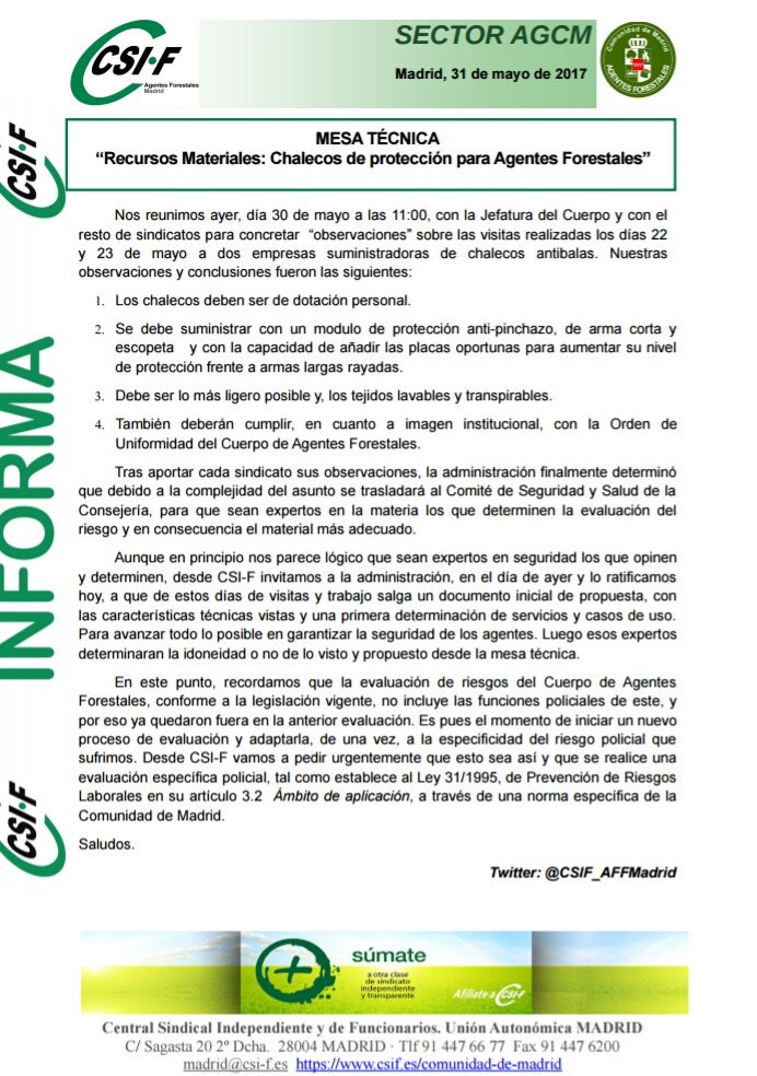 CSIF_AAFFMadrid's tweet photo. URGE y exigimos una evaluación de RIESGOS ESPECÍFICA #AAFFCM 
como cuerpo  de #PolicíaMedioambiental
y conforme Ley 31/1995 Prev. Riesgos L. https://t.co/CpuJhR59RJ