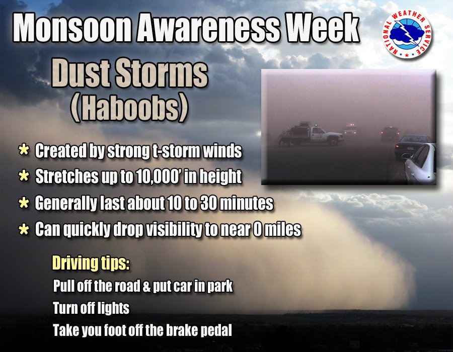 NWSTucson's tweet photo. Do not drive into a dust storm. If caught in a dust storm, pull off road, place vehicle in park w/ lights off &amp; take foot off brake. #azwx https://t.co/ZIDaHUBSJb