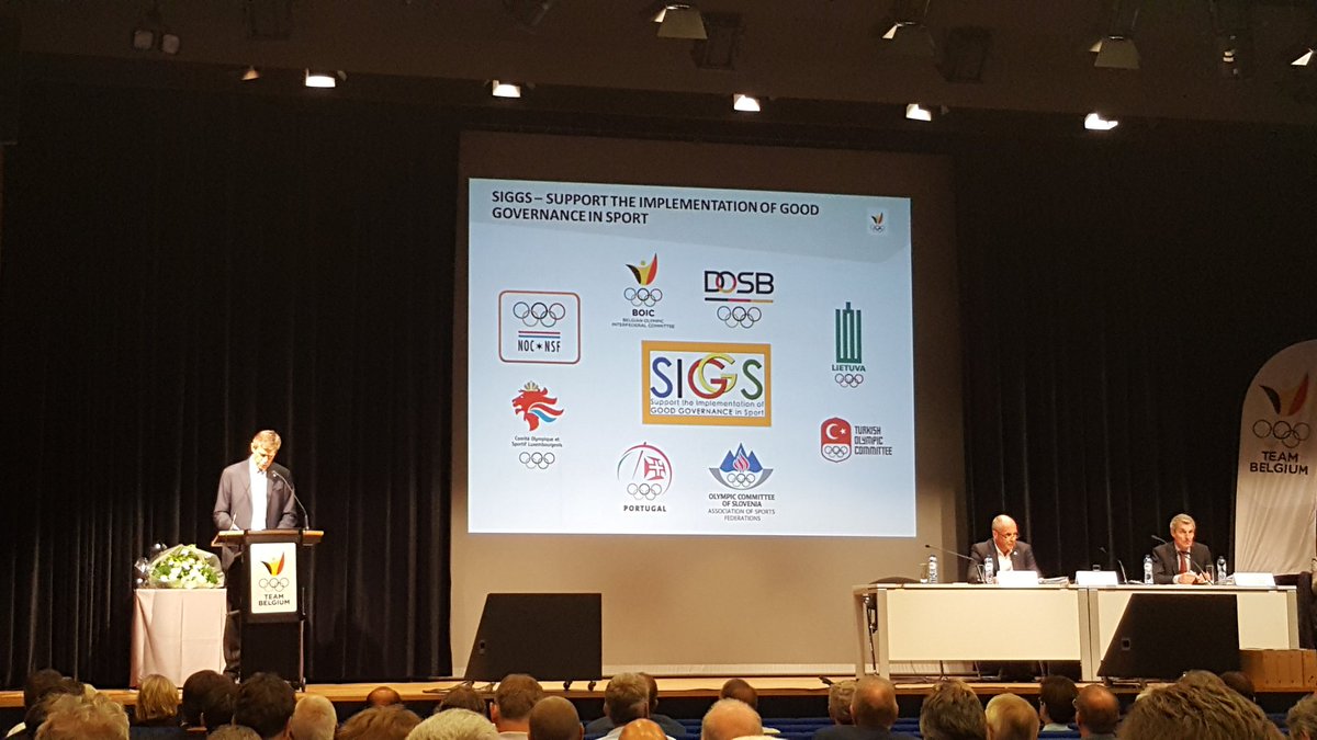 VanBaelenM's tweet photo. President @teambelgium Pierre-Olivier Beckers highlights importance of implementing #GoodGovernance in sport for instance through @SIGGS_EU https://t.co/3aNuGYjleP