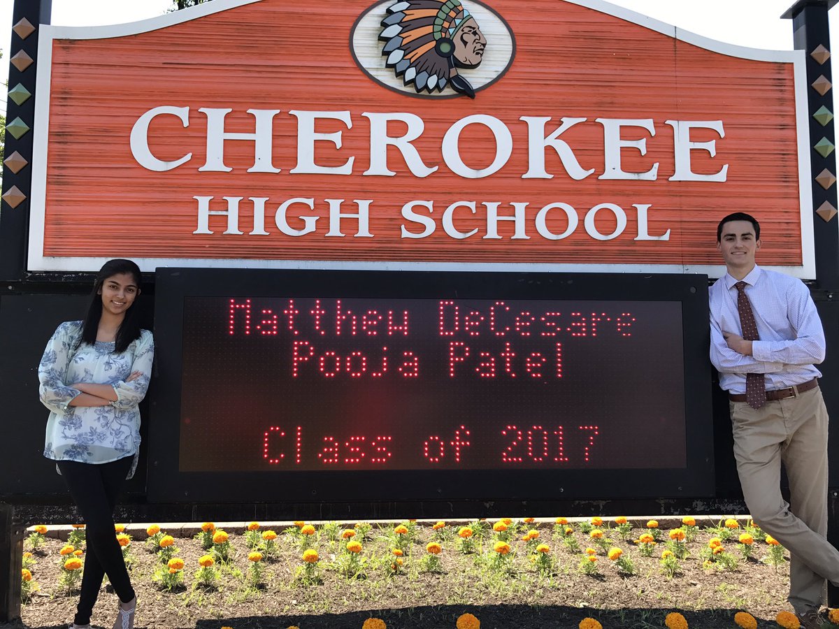 Cherokee_HS's tweet photo. Honored to have Matt DeCesare (valedictorian) &amp; Pooja Patel (salutatorian) at the podium on Graduation Day🎓#CherokeePride https://t.co/QzzEvhLnyF