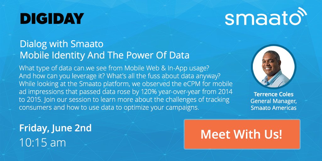 Smaato's tweet photo. Join us at @Digiday Programmatic for a special talk on "Mobile Identity and The Power Of Data", 10:15 Herberger 3AB. #DigidayDPMS https://t.co/FIo8nJZjPb