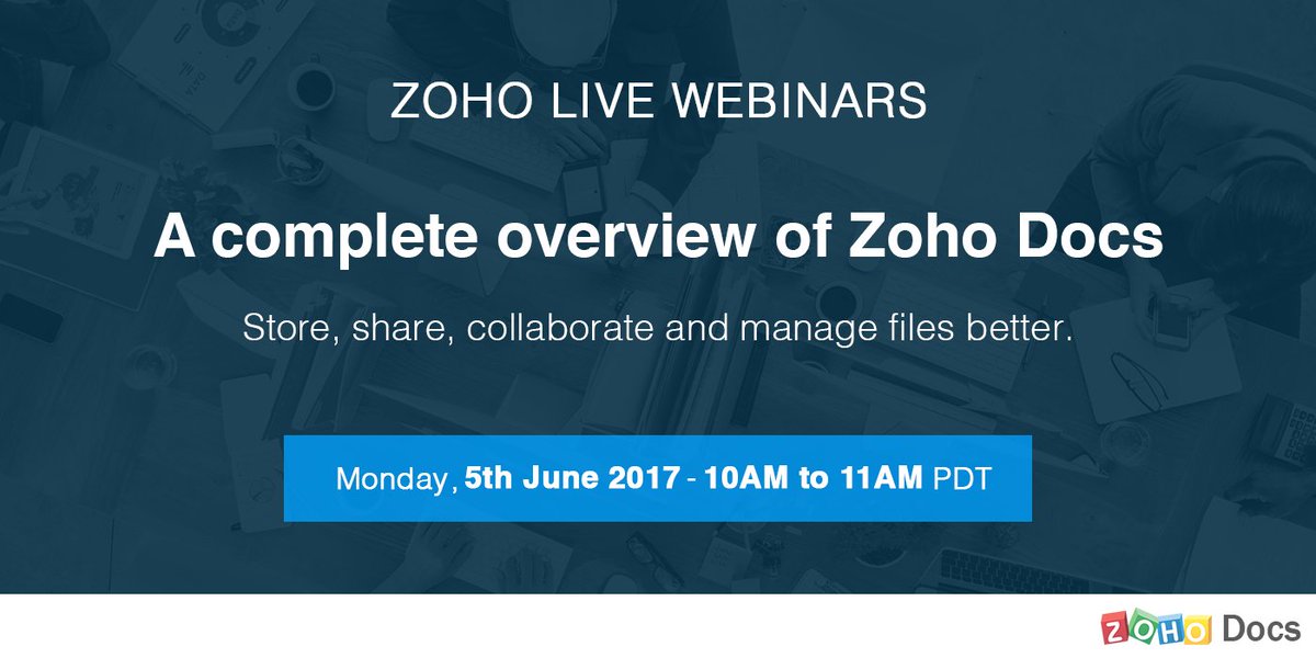 Zoho's tweet image. Join our free webinar and learn how to store, share, and manage your files efficiently with #ZohoDocs. attend.zoho.com/docs