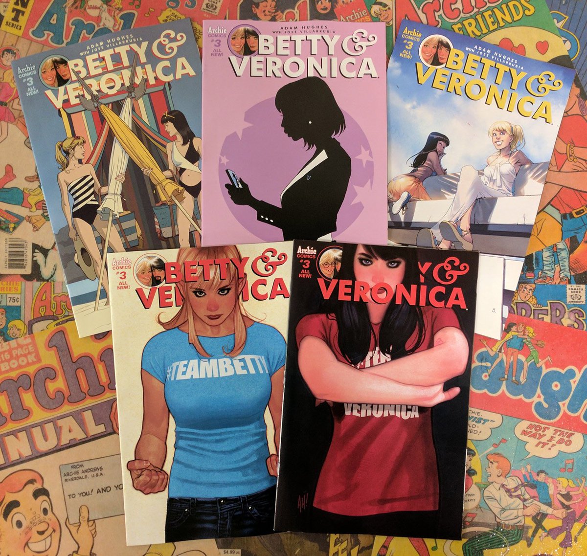 ArchieComics's tweet photo. The "Betty vs. Veronica" storyline concludes on June 14th in BETTY &amp; VERONICA BY @AH_AdamHughes. Which cover is your favorite? https://t.co/kAjsJz2tiS