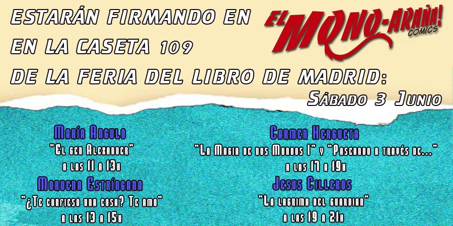 monoaracnido's tweet photo. Hoy estarán con nosotros en la #FML17 María Angulo, Moruena Estríngana @MoruenaE , Carmen Hergueta @Zcoer y C.J. Cilleros ¡No os lo perdáis! https://t.co/z2rUEI9bOS