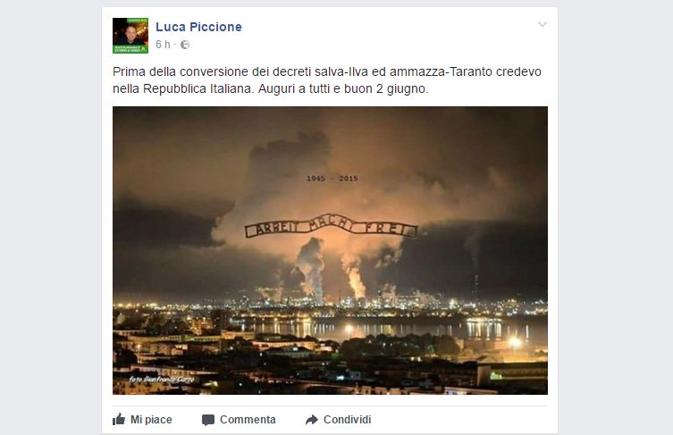 A questo arriva un candidato per un voto in più. Assimilare i problemi ambientali di Taranto al genocidio di Auschwitz. 
VERGOGNA!