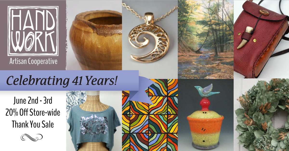 HandworkIthaca's tweet photo. First day of our 20% OFF Storewide Thank You Sale and Anniversary #twithaca. Stop in to see us from 5-8pm for pottery demos, wine, and cake! https://t.co/JjazD8qoXS