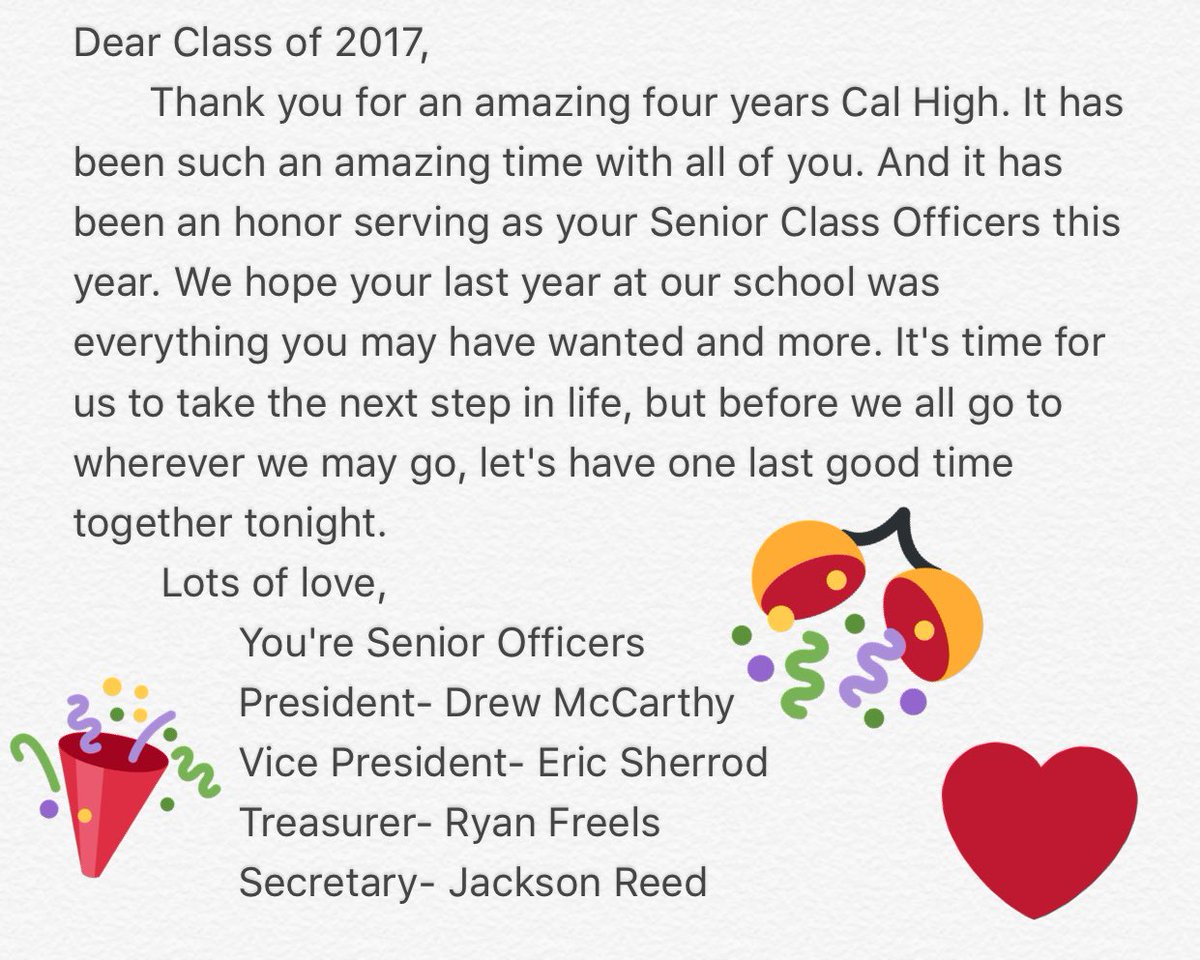 Calhighseniors's tweet photo. A message from the Senior Officers to the incredible Class of 2017: https://t.co/Im14bEhTf2