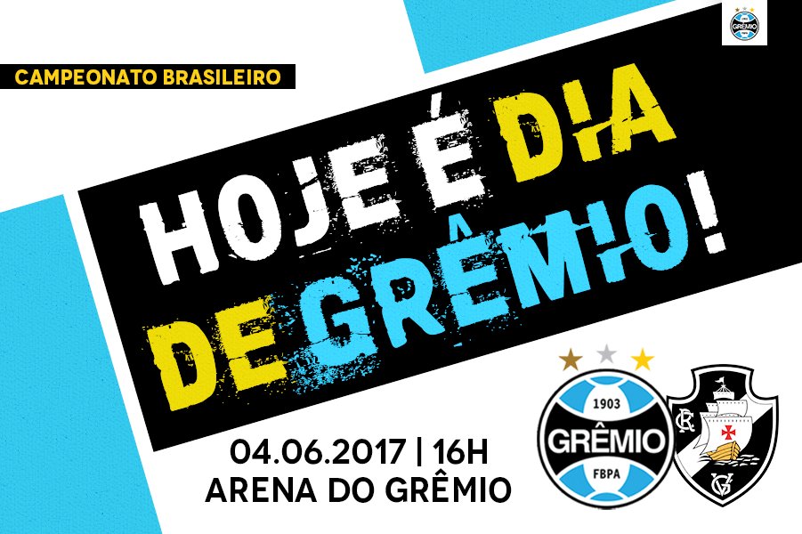 Gremio's tweet photo. Hoje é #DiaDeGrêmio! Todos na Arena para apoiar o Tricolor! https://t.co/EFkP5Qc5bb #GRExVAS #Brasileirão2017 #VamosTricolor https://t.co/qlh3ohcSKs