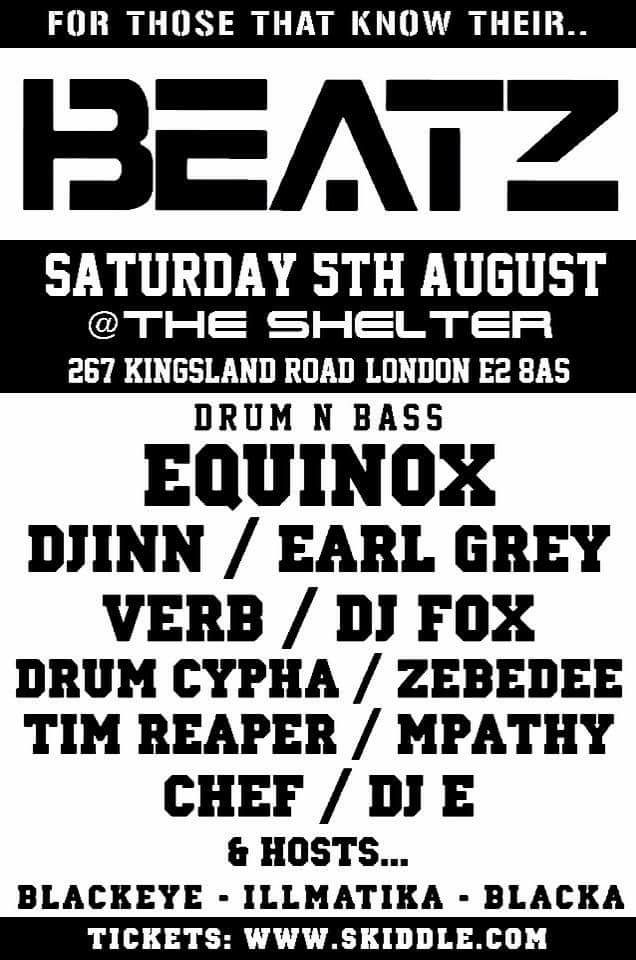 BEATZ!
skiddle.com/whats-on/Londo…
<a href="/DarrenFoxBeatz/">Darren Fox</a> <a href="/verbdnb/">verb!</a> <a href="/Djinn_DJ/">DJINN</a> <a href="/JimEarlGrey/">Earl Grey</a> <a href="/McBlacka/">MC BLACKA</a> <a href="/DjChef/">DJ Chef</a> <a href="/illmatika/">iLLMATIKA</a> <a href="/blackeyelab/">Blackeye MC</a>