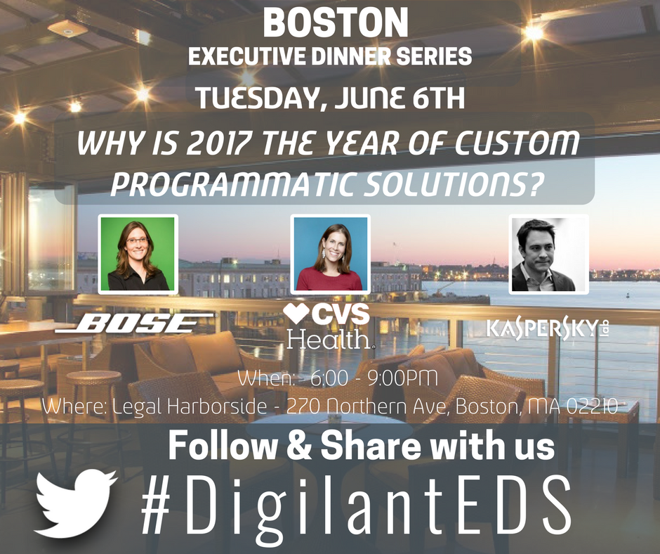 Digilant_US's tweet photo. Looking forward to a fantastic #programmatic dinner panel w/@Bose, @CVSHealth, & @Kaspersky on Tuesday at Legal Harborside! #DigilantEDS https://t.co/XQ2ImyNUvO