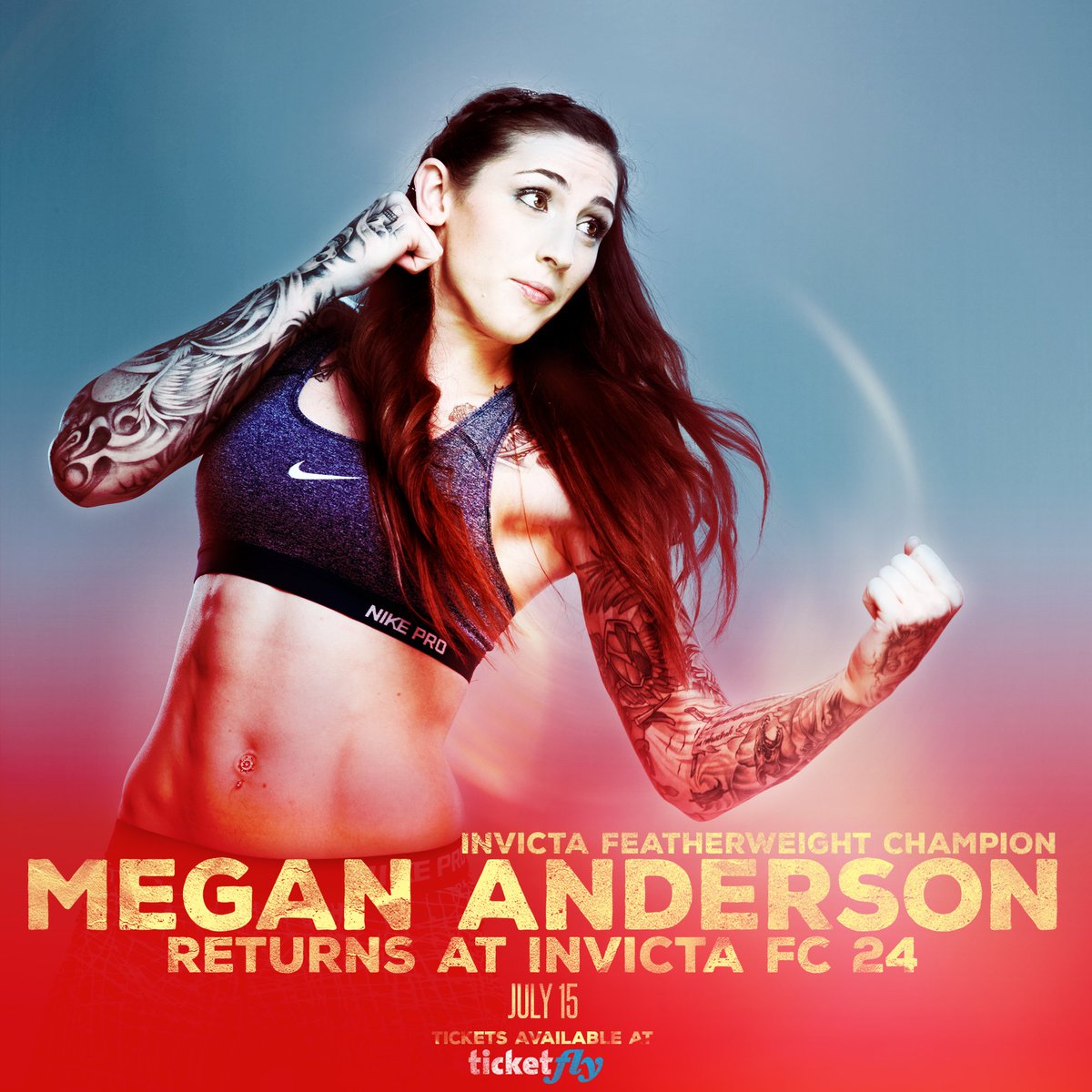 InvictaFights's tweet photo. Featherweight champion @MeganA_mma is set to defend her title this July 15th! Tickets for #InvictaFC24 are on sale TOMORROW at 10AM CT! https://t.co/KMqk4SzLGH