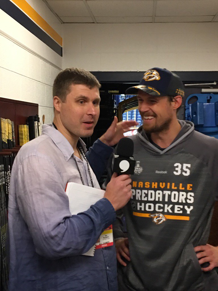 AdamVingan's tweet photo. Ilya Bryzgalov is interviewing Pekka Rinne... https://t.co/tHTK6wi04u