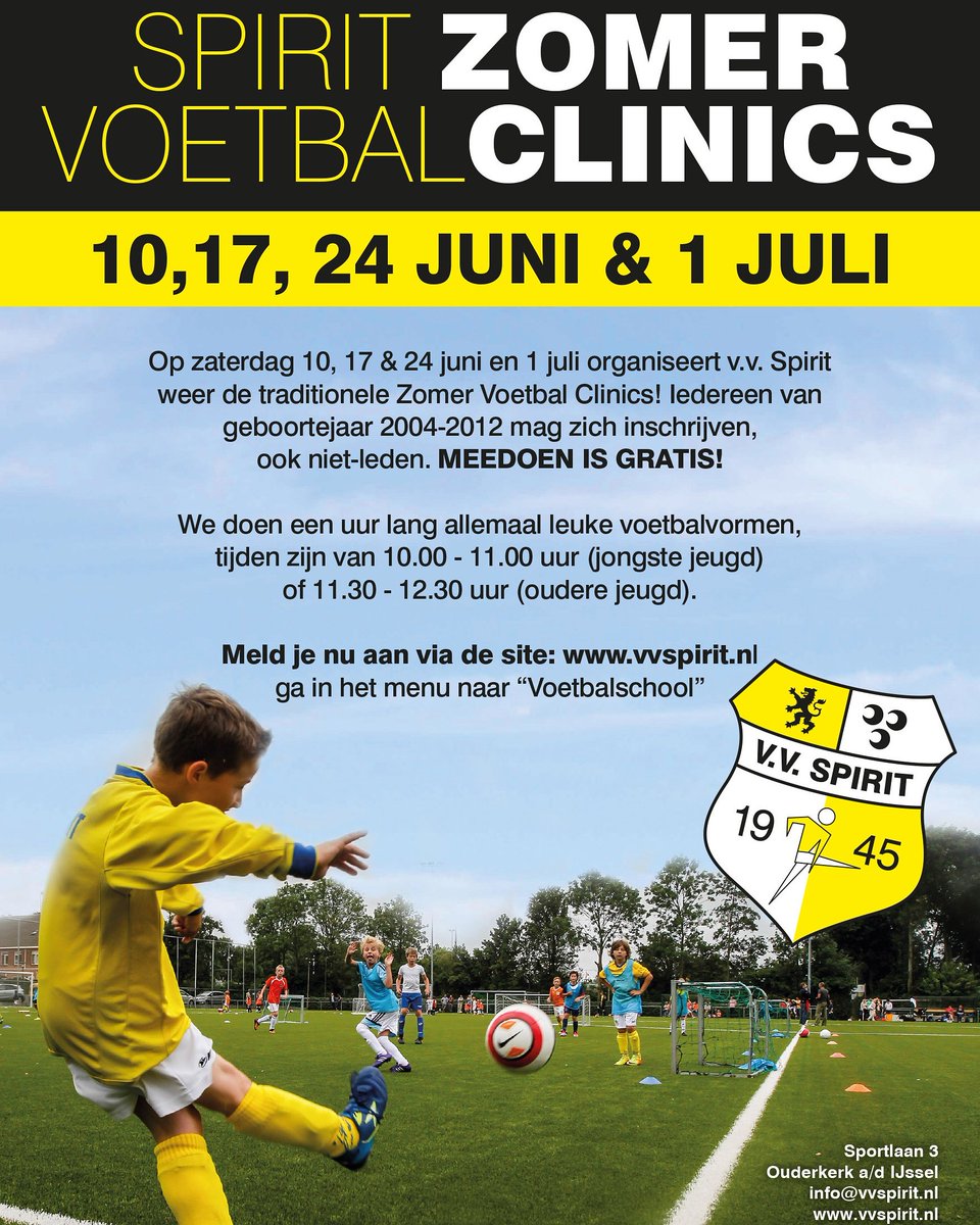 Via de website kan er nog worden ingeschreven voor de zomerclinics van v.v. Spirit.