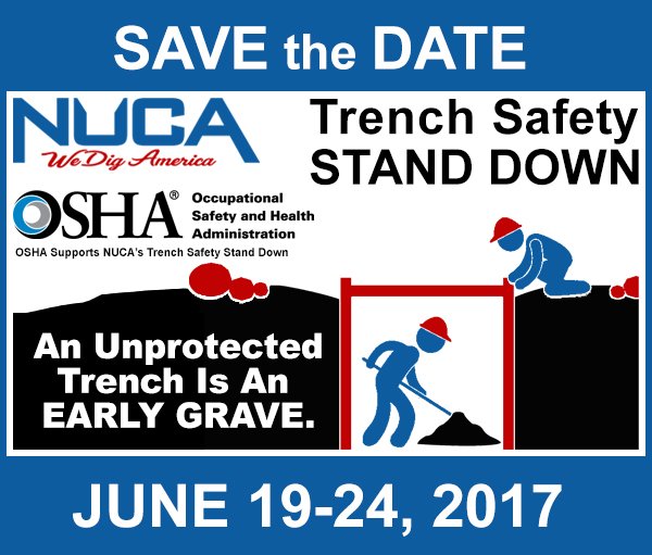 NUCA_National's tweet photo. Make sure you are up to date with NUCA's Trench Safety Stand Down- only a few weeks away (June 19-24)! https://t.co/pRoETN3xY9
#TSSD2017 https://t.co/8TMbqeXKxA