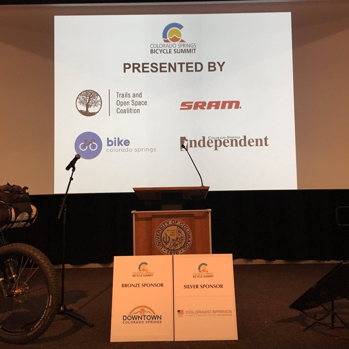 TheSoCoInsider's tweet photo. #COSBikeSummit hosted by @UCCSSustainable presented by @csindependent @TrailsOpenSpace @SRAMmtb @Bike_COS #everybodybikes https://t.co/V81ke9i5s7