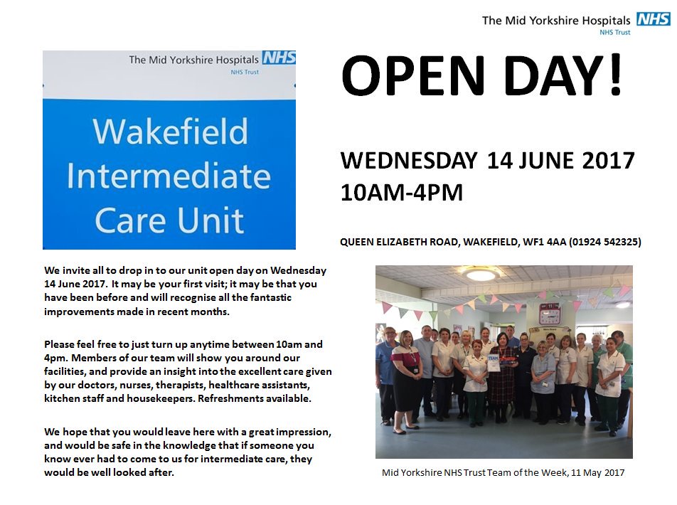 MYWICU's tweet photo. All invited to our open day on 14 June. Please could our followers kindly RT?

Thank you! #Wakefield #NHS #IntermediateCare https://t.co/CTWSQTMvyh