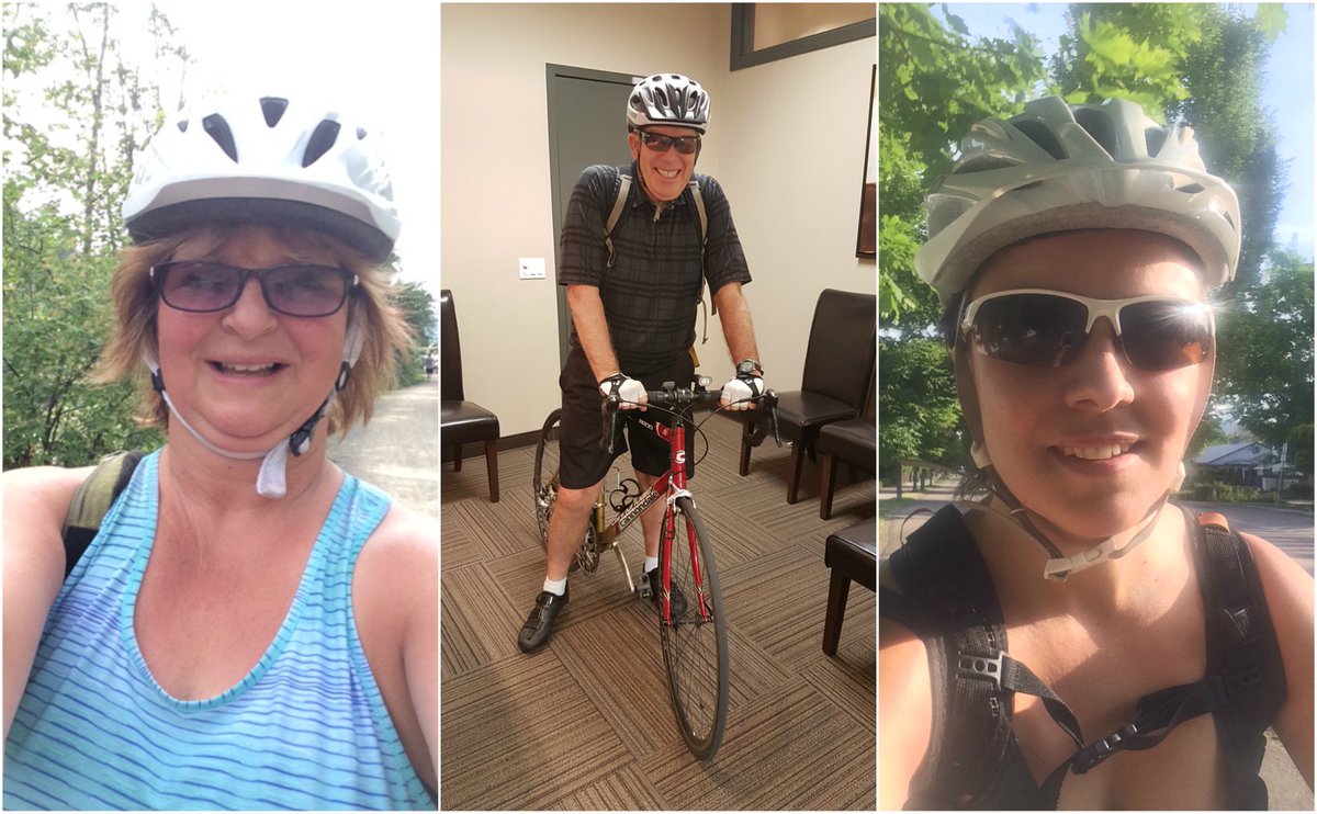 TeamThreePoint's tweet photo. Brenda, Don &amp; Kate geared up to ride in to the office for #BikeToWork week! Together they saved 39Kg of greenhouse gasses! #SmartTRIPS #btww https://t.co/v7jamOPcmY