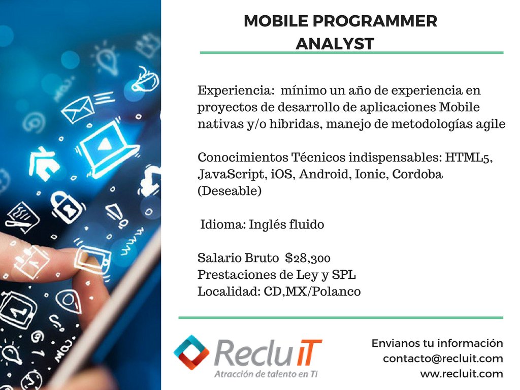 RecluITmx's tweet image. ¿Estás en búsqueda de nuevos retos profesionales? ¿Concluiste tu proyecto?  Te estamos Buscando #MobileProgrammer  #CDMX