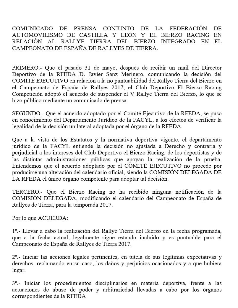 EnduroMania15's tweet image. Comunicado oficial de @ElBierzoRacing y la Federación de Automovilismo de Castilla y León. #CERT #ElBierzoEnElCERT