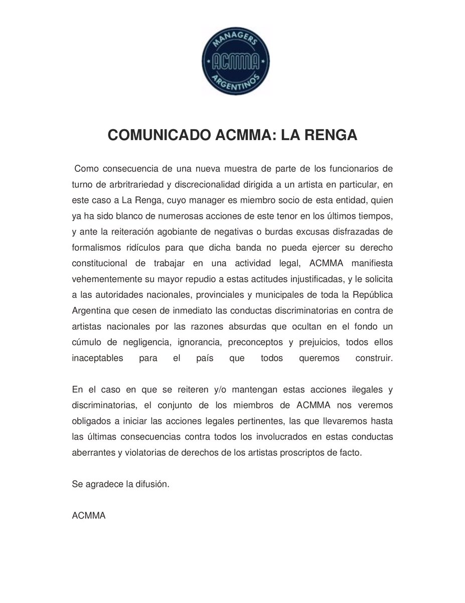 managersarg's tweet photo. COMUNICADO ACMMA: LA RENGA. https://t.co/FQJTuKFVPw